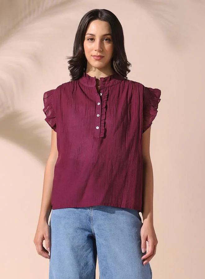 دينيس لينغو بلوزة نسائية سادة بنقشة بارزة بلا أكمام وبكشكش