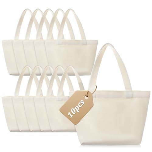 Oqqlin 10 Pcs Small Canvas Tote Bags, Lightweight Mini Blank Tote Bag Portable Reusable Grocery Shopping Cloth Bags for DIY, Painting, Welfare Gifts, Advertising (11.8 x 7.8 x 3.9 Inch, Beige) - Image 1