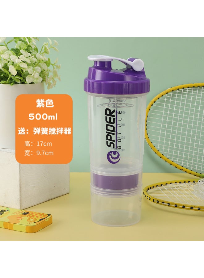 SPIDER BOTTLE Purple-transparent 500ml Three-layer Shaker Cup, Large-capacity Fitness Water Cup, Sports Water Bottle, Protein Powder Milkshake Shaker Cup, Plastic Cup - Image 1