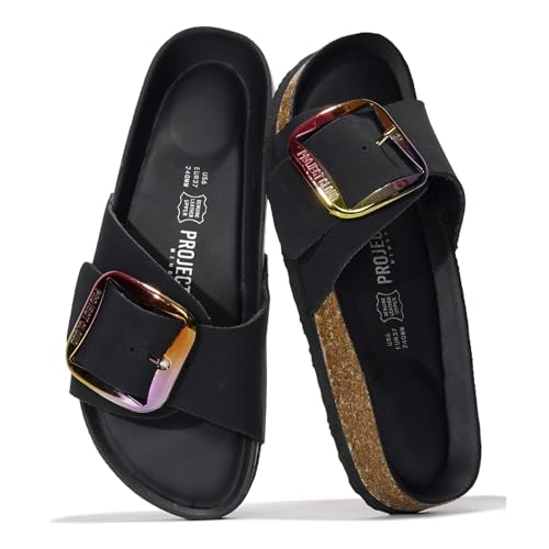 Project Cloud Genuine Leather Sandals Summer Beach Essentials - Flip Flops & Slides with Memory Foam Insole Womens Sandals Comfortable Women Footwear (Mykonos,Blackmatt,5.5) - Image 1