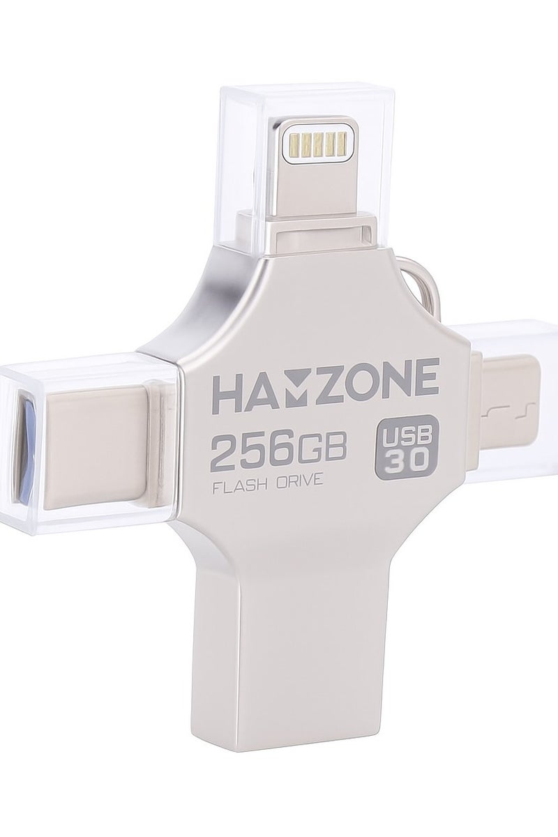 هامزون فلاش درايف OTG عالي السرعة متعدد الوظائف 4 في 1 – سعة 256 جيجابايت، متوافق مع Type-C وUSB 3.0 وiOS وMicro USB - Image 1