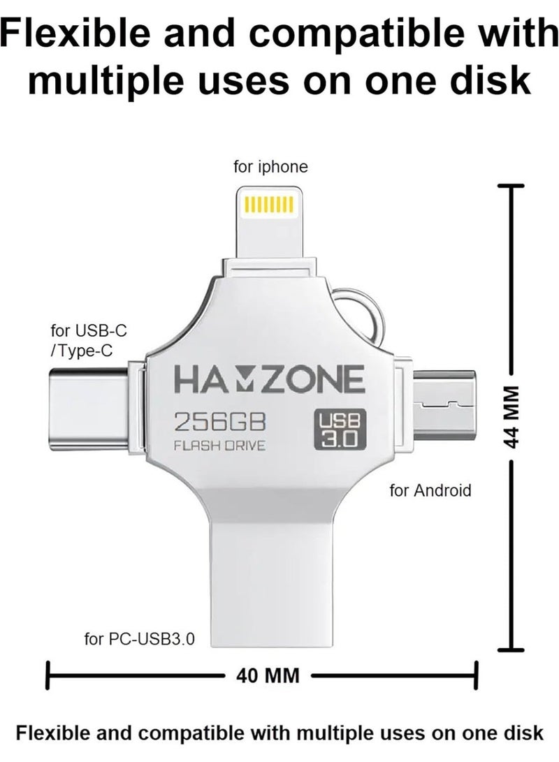 Hamzone 256GB OTG USB Flash Drive, USB 3.0 Memory Stick with 5Gbps Fast Transfer Speed, 4 in 1 Type C, Lightning, Micro USB and USB A for iPhone, iPad, Android, MacBook and PC - Image 2