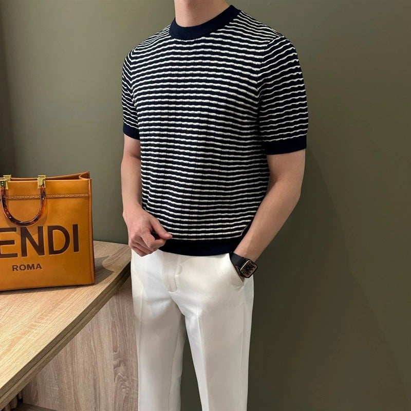High-End Trendy Heavyweight Loose T-Shirt Men'S Summer Round Neck Striped Short-Sleeve Men'S New Mature Top - Image 1