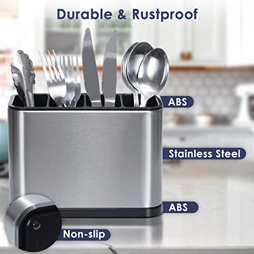 ODesign Utensil Caddy Flatware Organizer Crock Utensil Holder for Countertop Kitchen Rustproof 4 Divider Drip Tray Stainless Steel ABS Anti Slip Scratch - 7.1 x 3.39 x 5.1 inch - Image 5
