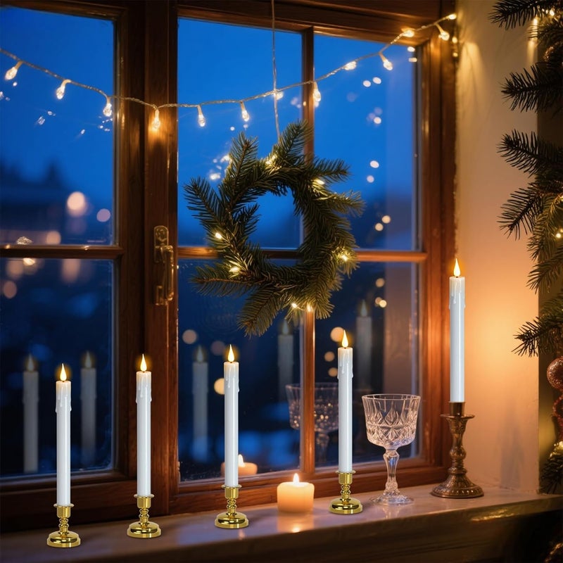 DRomance Christmas Flameless Window Taper Candles Battery Operated with Remote and Timer, 6 Pack White Plastic Dripping LED Flickering Candles with Suction Cups Holiday Indoor Decor(Gold Holders) - Image 3