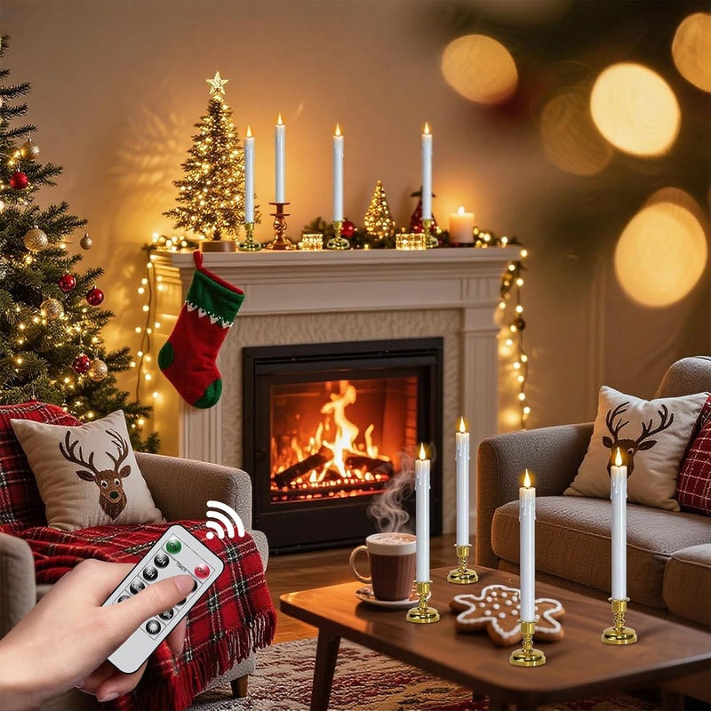 DRomance Christmas Flameless Window Taper Candles Battery Operated with Remote and Timer, 6 Pack White Plastic Dripping LED Flickering Candles with Suction Cups Holiday Indoor Decor(Gold Holders) - Image 5