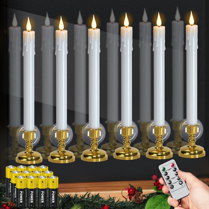 DRomance Christmas Flameless Window Taper Candles Battery Operated with Remote and Timer, 6 Pack White Plastic Dripping LED Flickering Candles with Suction Cups Holiday Indoor Decor(Gold Holders) - Image 1