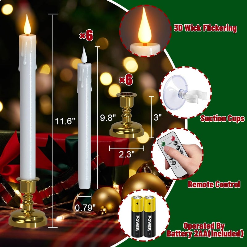 DRomance Christmas Flameless Window Taper Candles Battery Operated with Remote and Timer, 6 Pack White Plastic Dripping LED Flickering Candles with Suction Cups Holiday Indoor Decor(Gold Holders) - Image 2