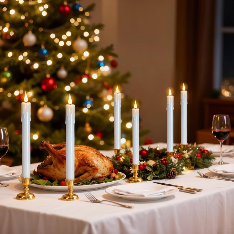 DRomance Christmas Flameless Window Taper Candles Battery Operated with Remote and Timer, 6 Pack White Plastic Dripping LED Flickering Candles with Suction Cups Holiday Indoor Decor(Gold Holders) - Image 4