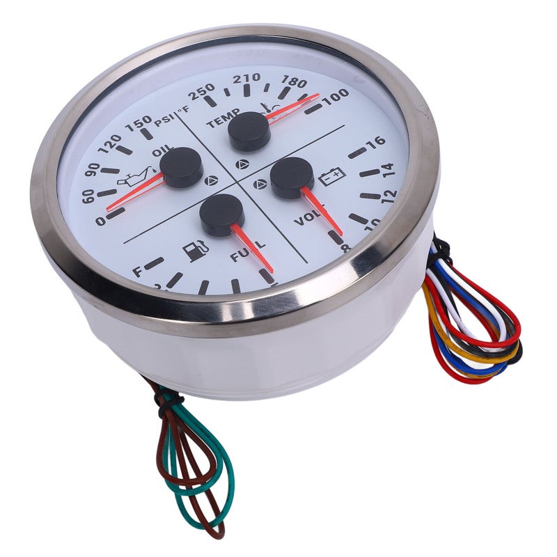 4 In 1 Multifunction Gauge White Dial Silver Bezel Compact Space-Saving Design - Wide Accurate Indicating Range Engine Monitoring Gauge for Motorhomes Yachts Trucks - Image 2
