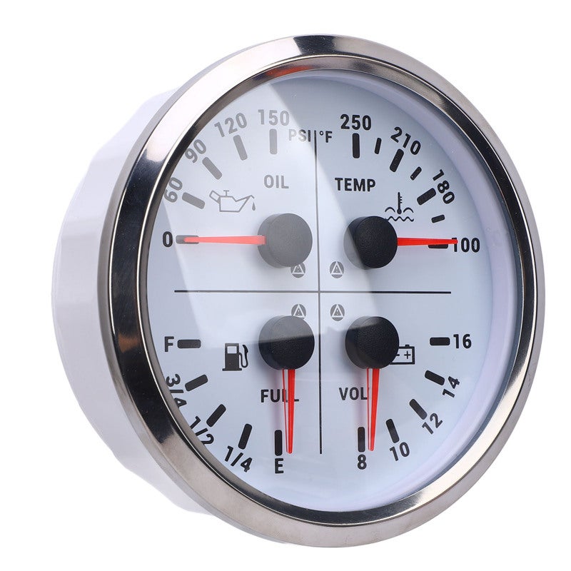 4 In 1 Multifunction Gauge White Dial Silver Bezel Compact Space-Saving Design - Wide Accurate Indicating Range Engine Monitoring Gauge for Motorhomes Yachts Trucks - Image 3