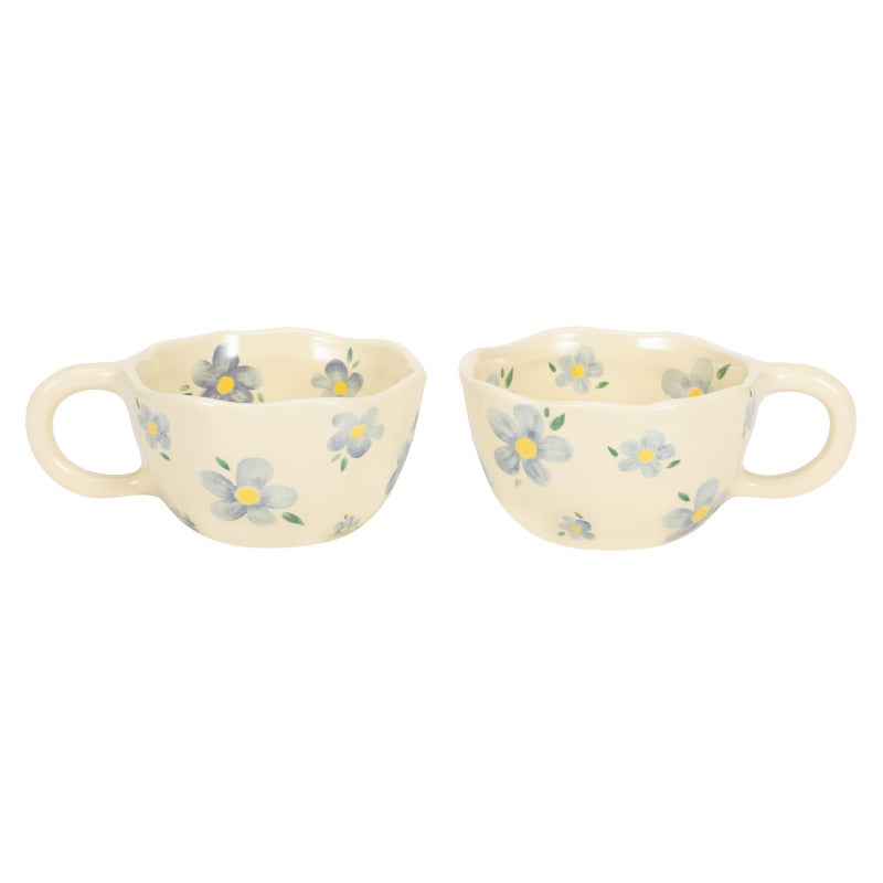 Koythin 2Pieces Ceramic Coffee Mugs Creative Cute Flower Cup for Office and Home 85 oz250 ml Aesthetic Mug for Latte Tea Milk 2 Blue Flower