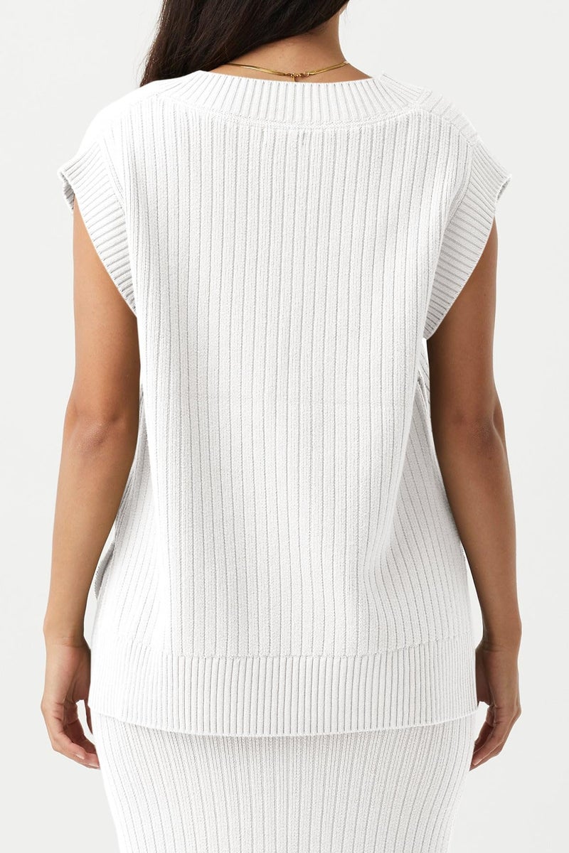 Saodimallsu Womens V Neck Sweater Vest Oversized Ribbed Knit Sleeveless Casual Loose Fit Pullover Tank Top White - Image 3