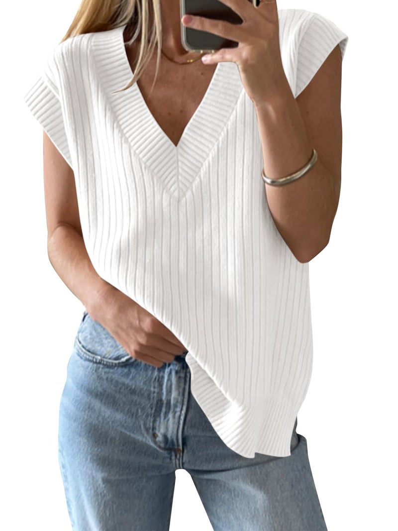 Saodimallsu Womens V Neck Sweater Vest Oversized Ribbed Knit Sleeveless Casual Loose Fit Pullover Tank Top White - Image 1