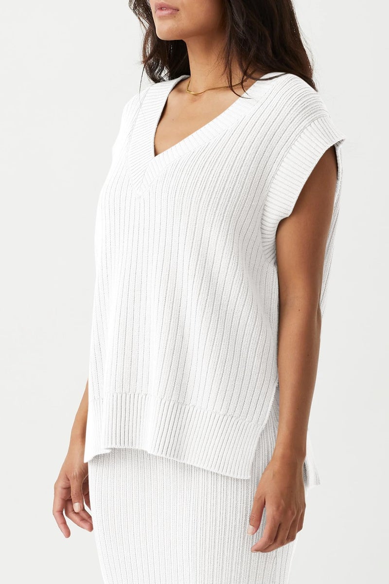 Saodimallsu Womens V Neck Sweater Vest Oversized Ribbed Knit Sleeveless Casual Loose Fit Pullover Tank Top White - Image 2