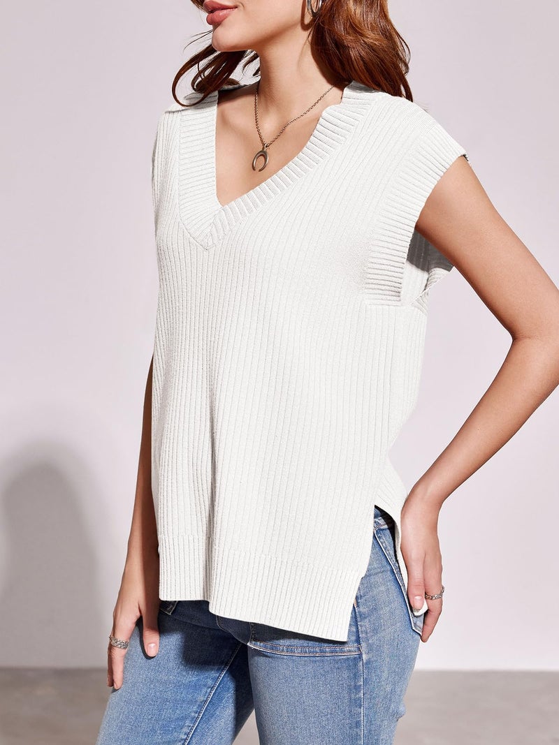 Saodimallsu Womens V Neck Sweater Vest Oversized Ribbed Knit Sleeveless Casual Loose Fit Pullover Tank Top White - Image 4