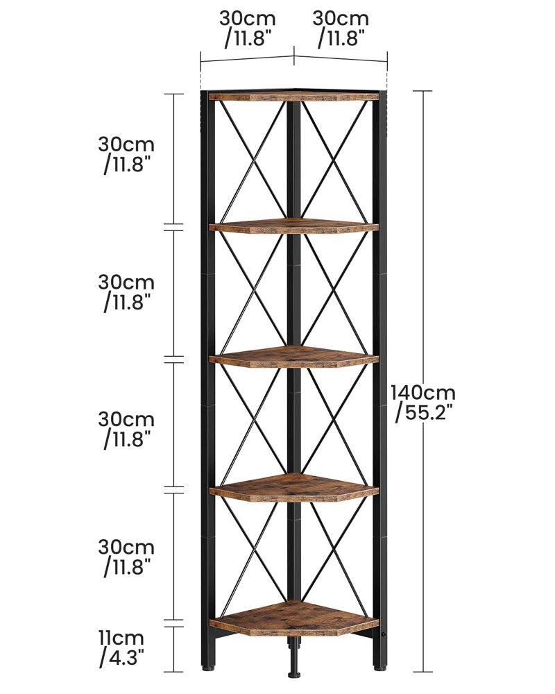 CHOEZON 5-Tier Corner Shelf, Corner Bookcase, 55.2" Tall Vertical Display Rack, Plant Stand, Open Storage Shelf, for Living Room, Bedroom, Study, Kitchen, Rustic Brown and Black TCJ12BF - Image 5