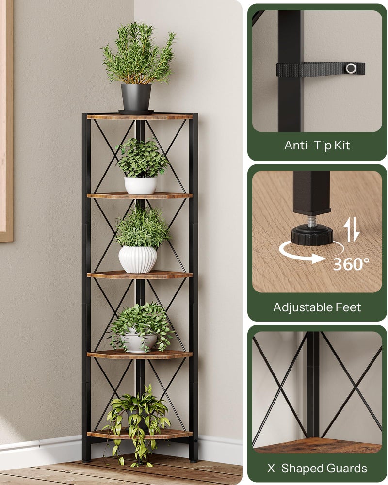 CHOEZON 5-Tier Corner Shelf, Corner Bookcase, 55.2" Tall Vertical Display Rack, Plant Stand, Open Storage Shelf, for Living Room, Bedroom, Study, Kitchen, Rustic Brown and Black TCJ12BF - Image 3