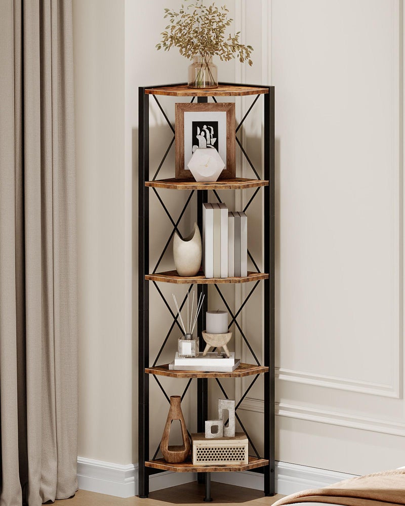 CHOEZON 5-Tier Corner Shelf, Corner Bookcase, 55.2" Tall Vertical Display Rack, Plant Stand, Open Storage Shelf, for Living Room, Bedroom, Study, Kitchen, Rustic Brown and Black TCJ12BF - Image 2