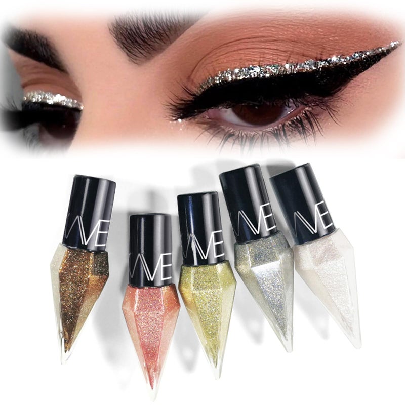 Glitter Liquid Eyeliner, 5 Colors Eyeliner Colorful Set, Shimmer Metallic Silver White, Gold Sparkling Eye Liner, Long Lasting Flare Eye Liner Liquid, Diamond Eye Makeup Set - Image 1