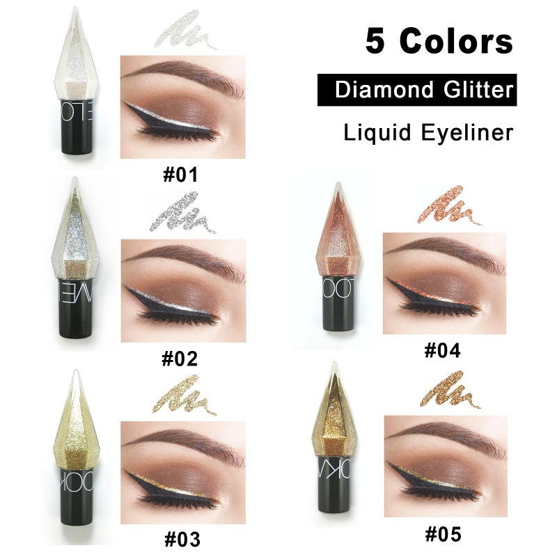 Glitter Liquid Eyeliner, 5 Colors Eyeliner Colorful Set, Shimmer Metallic Silver White, Gold Sparkling Eye Liner, Long Lasting Flare Eye Liner Liquid, Diamond Eye Makeup Set - Image 2