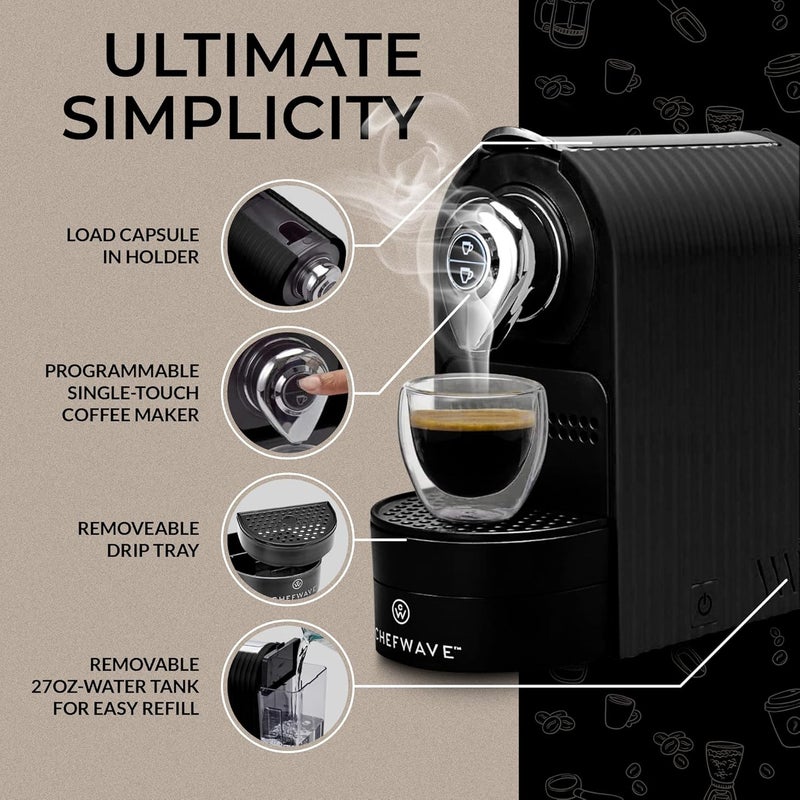 ChefWave Espresso Machine and Coffee Maker (Black) - Compatible with Nespresso Capsules, Programmable, One-Touch, Italian 20 Bar High-Pressure Pump Bundle with Pod Holder and Glasses - Image 2