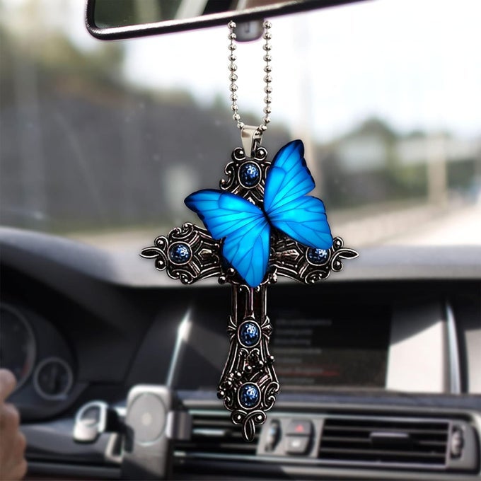 BLUE BUTTERFLY JESUS CROSS CAR REAR VIEW MIRROR PENDANT