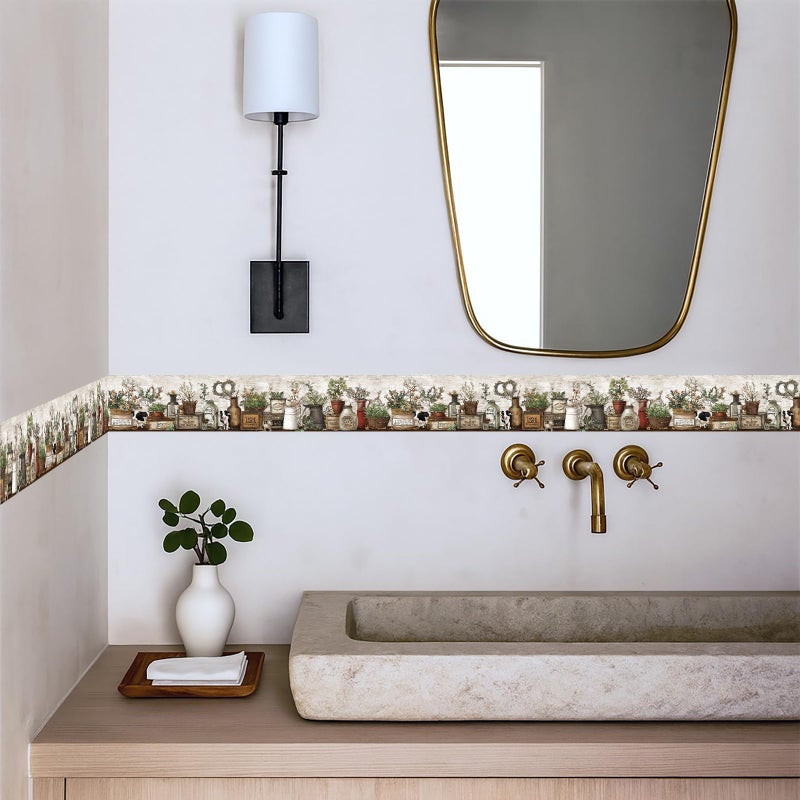 IOHEFY Farmhouse Peel and Stick Wallpaper Border for Kitchen Wall - 15ft x 4in Wipeable Vinyl Rustic Country, Removable Vintage Cotton Floral Border for Bathroom Cabinet - Image 3