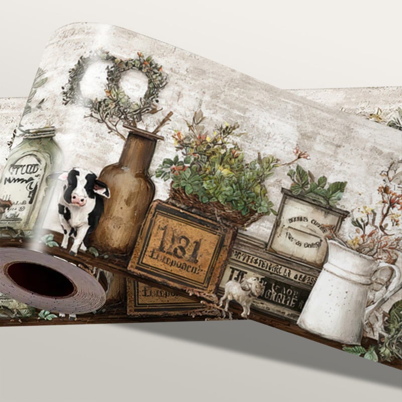 IOHEFY Farmhouse Peel and Stick Wallpaper Border for Kitchen Wall - 15ft x 4in Wipeable Vinyl Rustic Country, Removable Vintage Cotton Floral Border for Bathroom Cabinet - Image 1