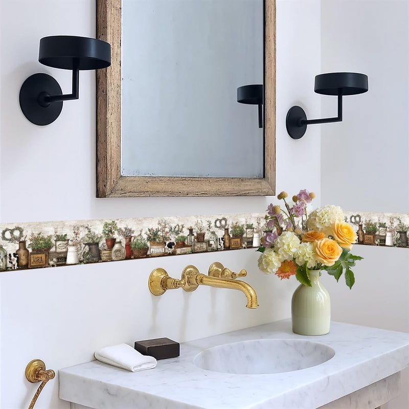IOHEFY Farmhouse Peel and Stick Wallpaper Border for Kitchen Wall - 15ft x 4in Wipeable Vinyl Rustic Country, Removable Vintage Cotton Floral Border for Bathroom Cabinet - Image 5