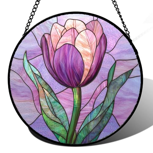 DASTOLL Stained Glass Window Hanging Purple Tulips Flower 6.3" - Suncatcher Door Garden Sun Catcher Home Decor Birthday Mother's Day for Mom Men Woman Parents Her Nana Friend - Image 1