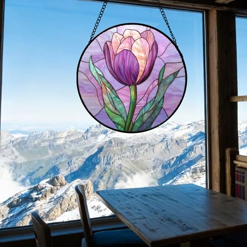 DASTOLL Stained Glass Window Hanging Purple Tulips Flower 6.3" - Suncatcher Door Garden Sun Catcher Home Decor Birthday Mother's Day for Mom Men Woman Parents Her Nana Friend - Image 3