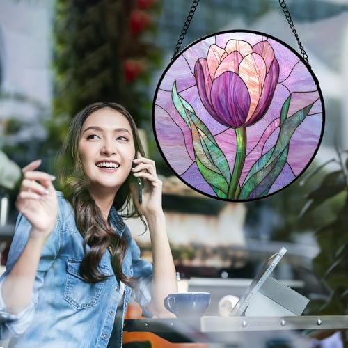 DASTOLL Stained Glass Window Hanging Purple Tulips Flower 6.3" - Suncatcher Door Garden Sun Catcher Home Decor Birthday Mother's Day for Mom Men Woman Parents Her Nana Friend - Image 5