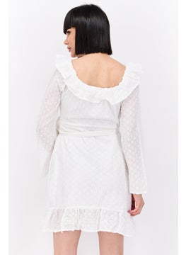 In the style Women Eyelet Frill Detail Long Sleeve Mini Dress, White  - Image 4