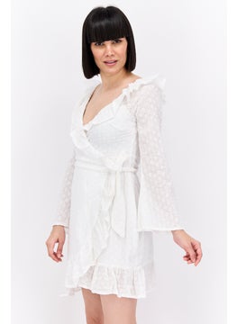 In the style Women Eyelet Frill Detail Long Sleeve Mini Dress, White  - Image 3