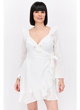 In the style Women Eyelet Frill Detail Long Sleeve Mini Dress, White  - Image 1