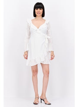 In the style Women Eyelet Frill Detail Long Sleeve Mini Dress, White  - Image 2