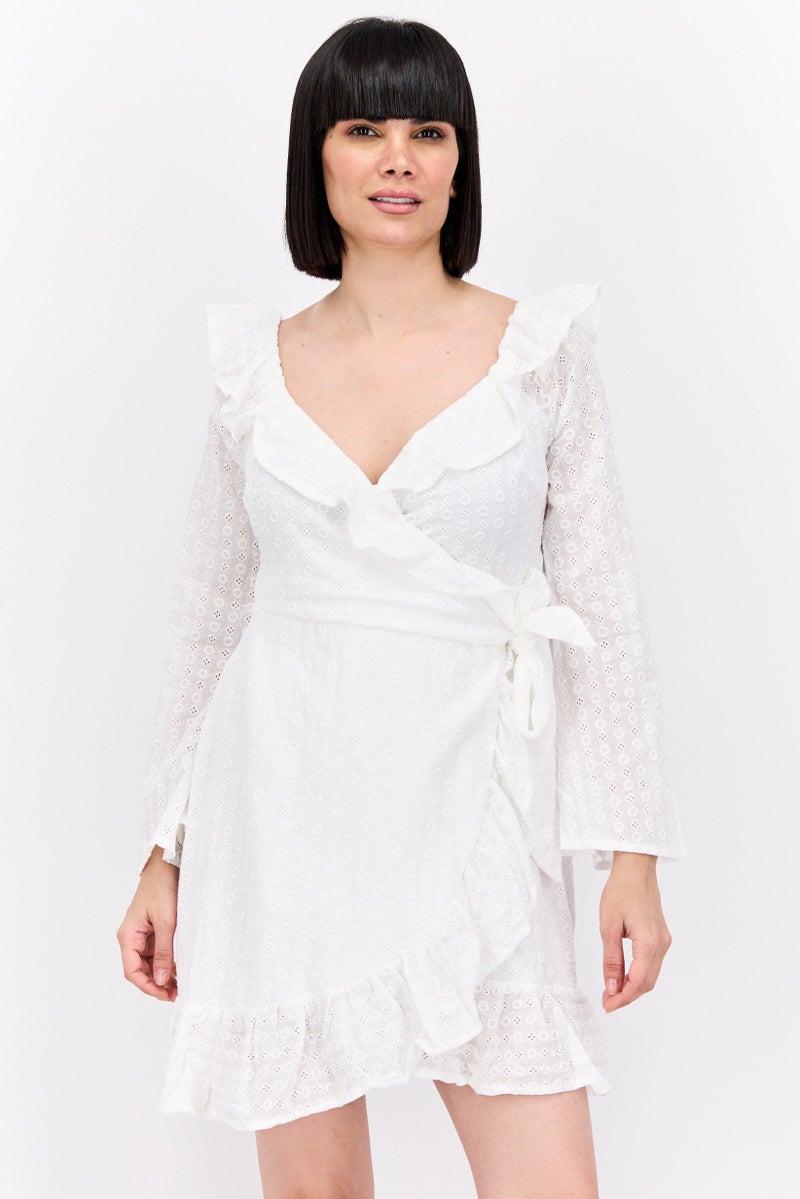 In the style Women Eyelet Frill Detail Long Sleeve Mini Dress, White - Image 1
