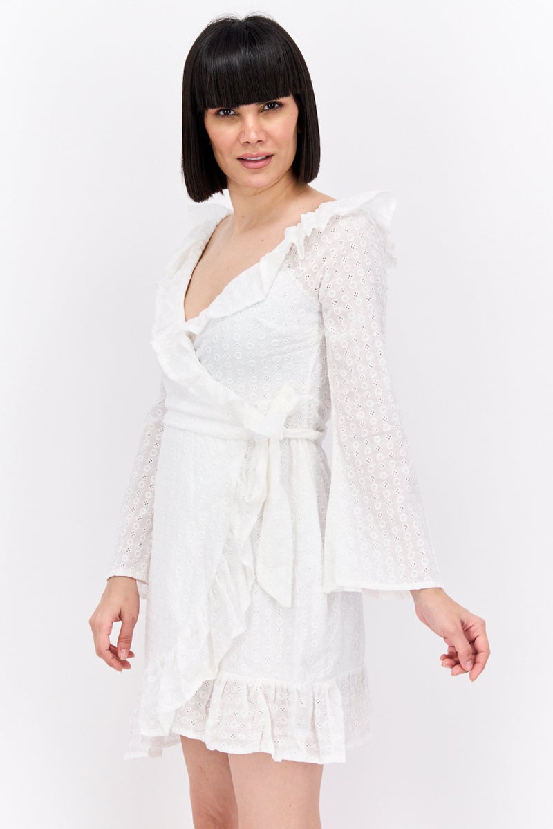 In the style Women Eyelet Frill Detail Long Sleeve Mini Dress, White - Image 3