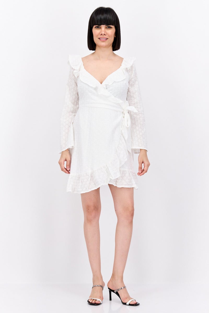 In the style Women Eyelet Frill Detail Long Sleeve Mini Dress, White - Image 2