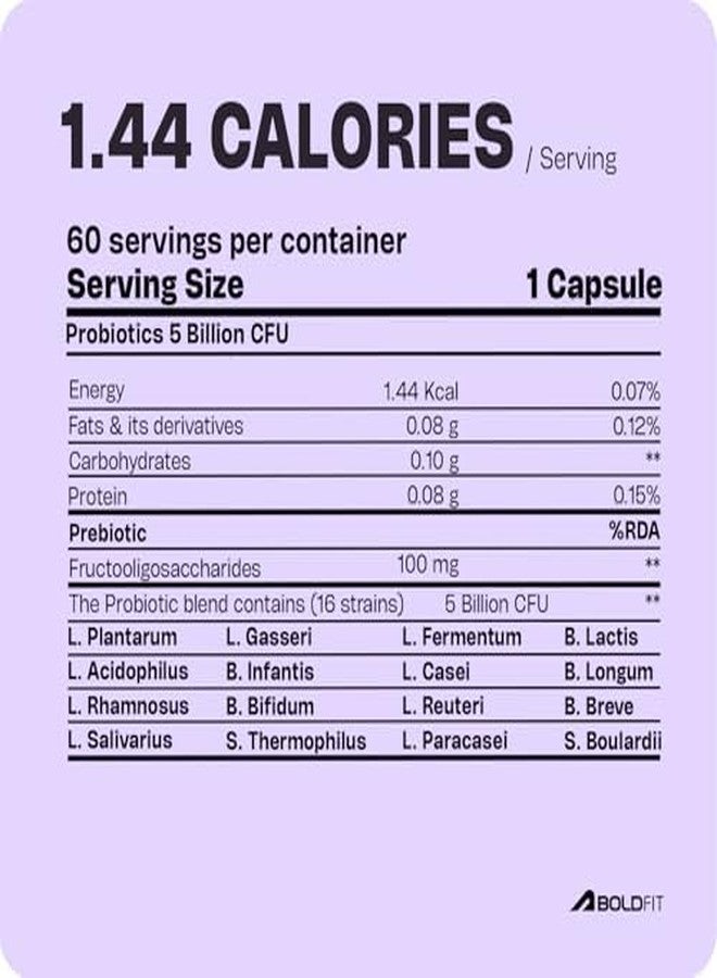 Boldfit Probiotics 5 Billion CFU with 16 Strains and Prebiotics for Gut Cleanse Detox Digestive Health Bloating Relief Constipation Probiotic Supplement for Men and Women Supports Immunity Booster - 60 Veg Capsules - Image 2