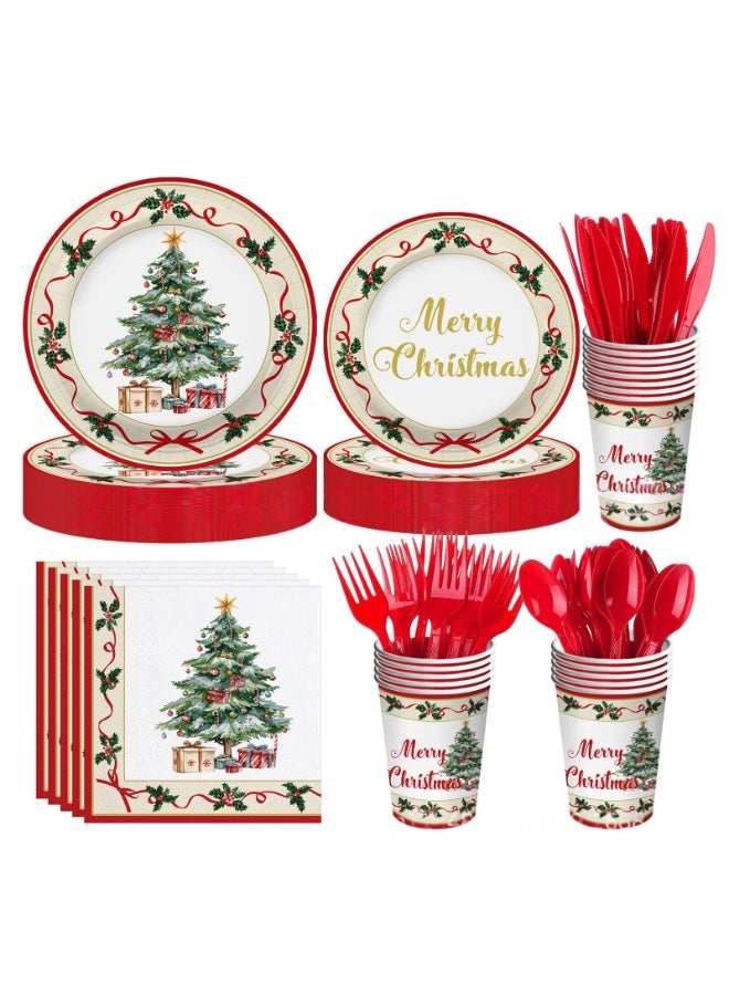طقم أدوات مائدة لحفلات الكريسماس مكون من 80 قطعة، يشمل أطباقًا ورقية للاستخدام مرة واحدة، ومناديل، وأكوابًا ورقية. مناسب لحفلات الكريسماس، وحفلات أعياد الميلاد، واحتفالات الأعياد، والتجمعات العائلية. - Image 1