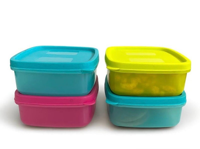 c s m C.S.M CSM Plastic Pet Square Storage Boxes, Set of 4 (330ml Each), Multicolour, Air Tight, Kitchen Organiser, BPA Free, Microwave Safe, Dishwasher Safe, Stackable - Image 1