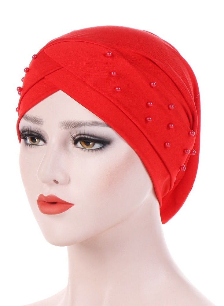 Women Beads Elastic Turban Hat Muslim Hijab Head Wrap,Red  - Image 1