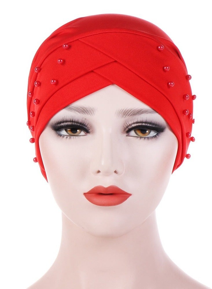 Women Beads Elastic Turban Hat Muslim Hijab Head Wrap,Red  - Image 2