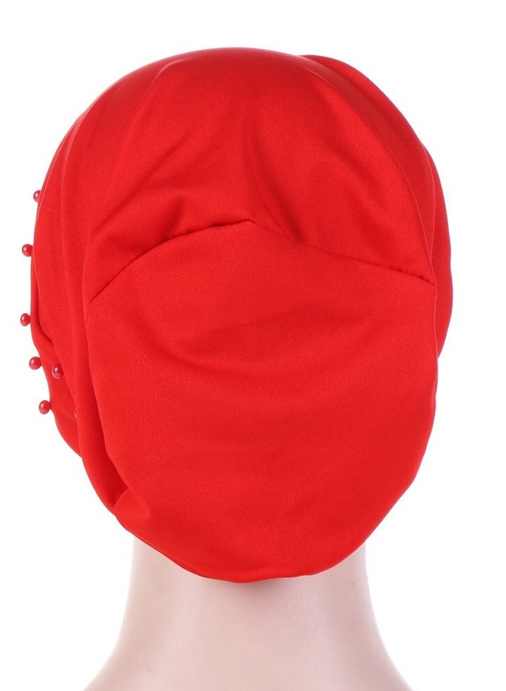 Women Beads Elastic Turban Hat Muslim Hijab Head Wrap,Red  - Image 4