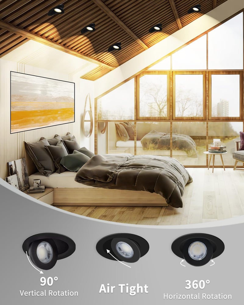 Adetu 4 inch 5CCT Gimbal Black Led Recessed Lights, 360°+90° Adjustable Directional Recessed Lighting, 2700K-5000K Dimmable Retrofit Eyeball Can Lights with Jbox, ETL&Energy Star (Black, 12 Pack) - Image 3