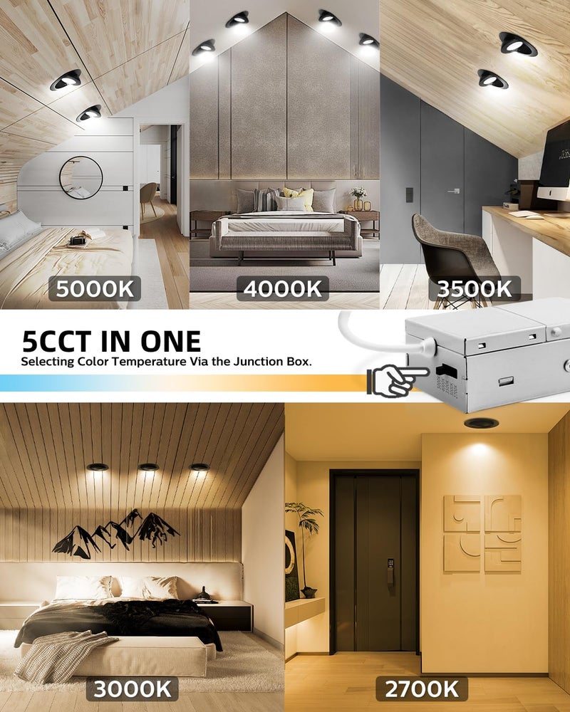 Adetu 4 inch 5CCT Gimbal Black Led Recessed Lights, 360°+90° Adjustable Directional Recessed Lighting, 2700K-5000K Dimmable Retrofit Eyeball Can Lights with Jbox, ETL&Energy Star (Black, 12 Pack) - Image 4