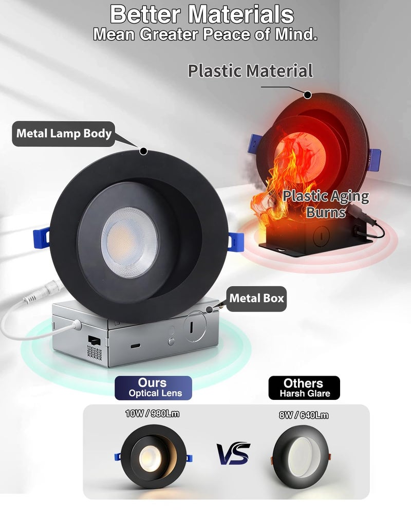 Adetu 4 inch 5CCT Gimbal Black Led Recessed Lights, 360°+90° Adjustable Directional Recessed Lighting, 2700K-5000K Dimmable Retrofit Eyeball Can Lights with Jbox, ETL&Energy Star (Black, 12 Pack) - Image 2