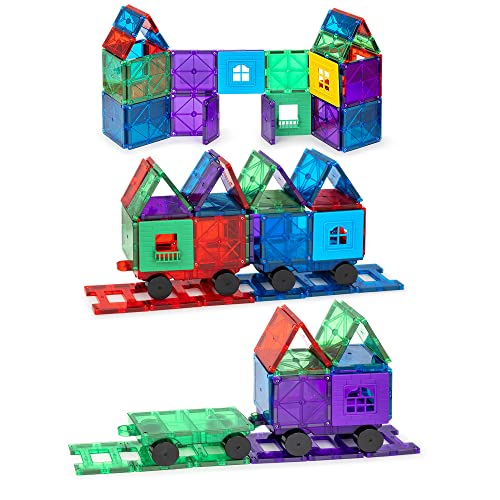 Playmags Magnetic Tiles Train Car Set for Kids  55pcs Magnet Building Blocks Accessory Set with 4 Cars  Durable Creative STEM Learning Toys for Boys Girls  Toddlers - Image 1